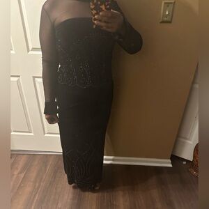 Elegant Black Long Sleeve Mesh Evening Dress